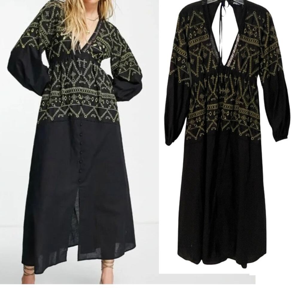 ASOS Design Embroidered Button Midaxi Dress Womens Size 8 Black Green Open Back - Picture 1 of 9